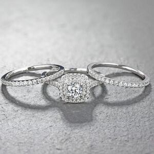 Round Cut White Sapphire 3 Piece 925 Sterling Silver Halo Ring Sets
